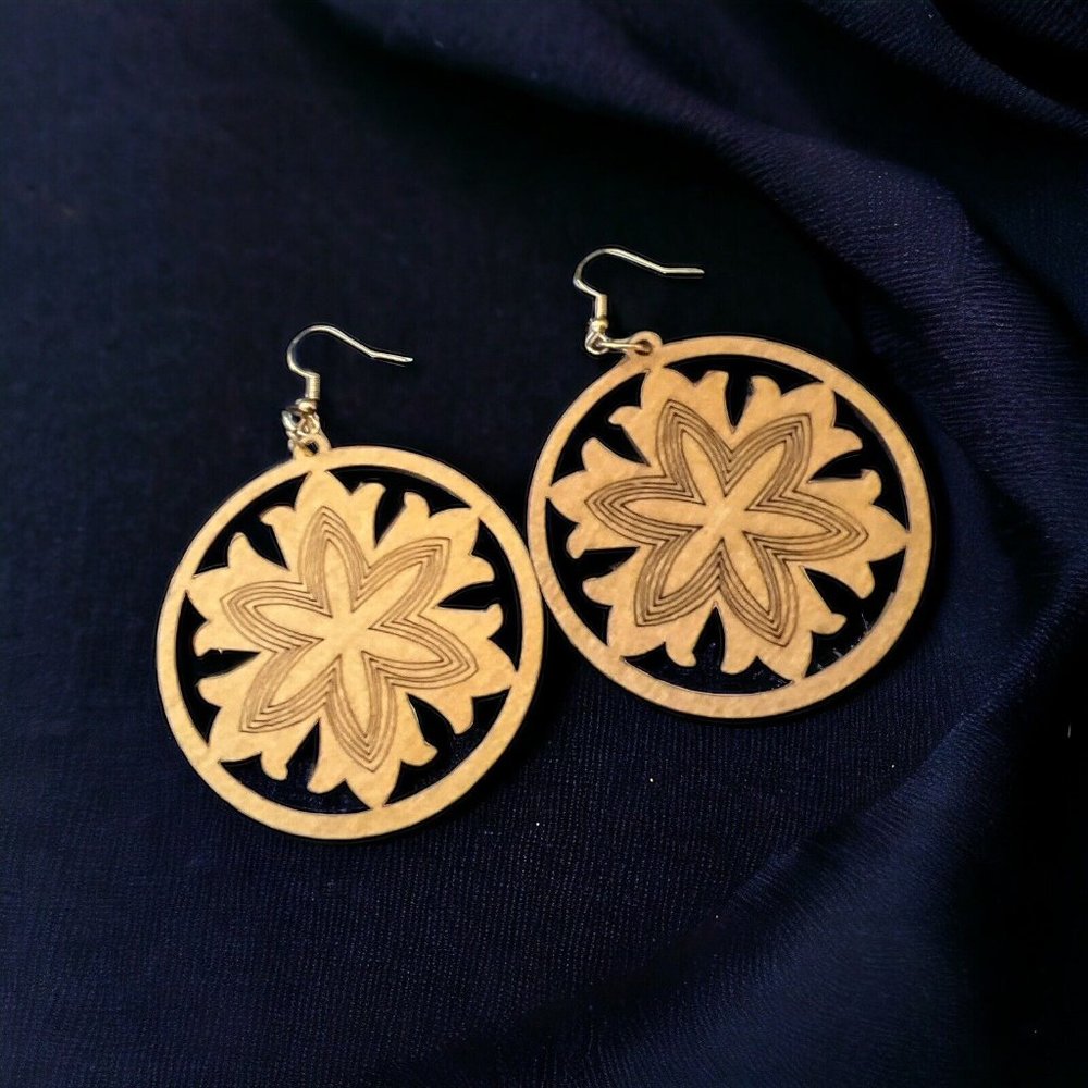 Light Wooden Jumbo Flower Dangle Drop Earrings